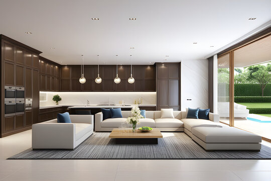 Modern living room and kitchen room interior, luxury house, villa, 3d render Stock Photo.