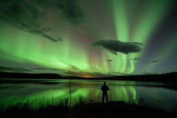 fisherman at lake under a night sky aglow with aurora from a geomagnetic storm
