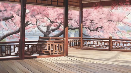 AI generated illustration of a small bridge over water next to a wooden pavilion and pink trees