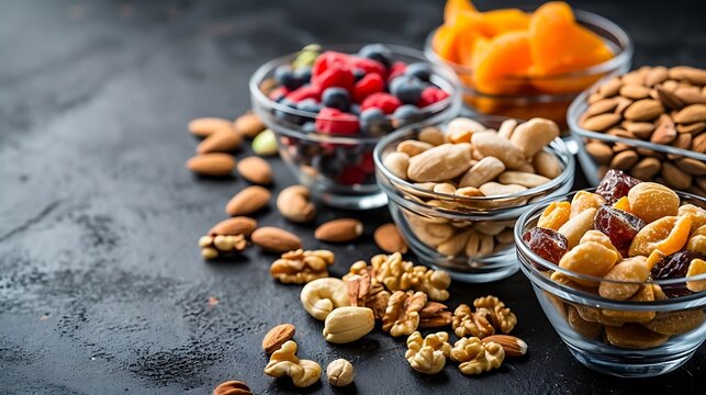 Various snacks nuts,and dryed fruits in glass dish bowles