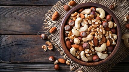 Wooden bowl with mixed nuts on rustic table top view