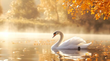 Naklejka premium A white swan floats on the lake in golden autumn.