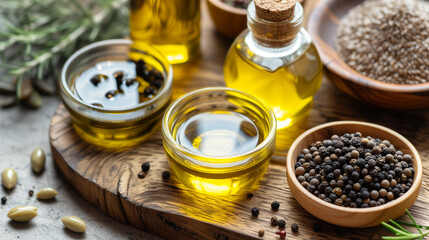 Glass containers of heart healthy oils like olive and flaxseed. - obrazy, fototapety, plakaty