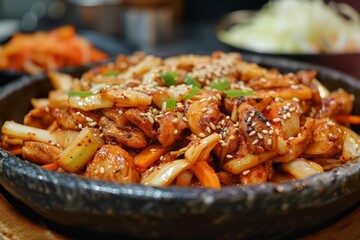 Korean Spicy Stir fried Chicken with rice cakes marinated in gochujang and cooked with vegetables on a grill pan