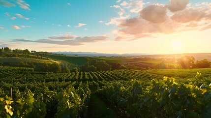 A panoramic view of a lush vineyard at sunset