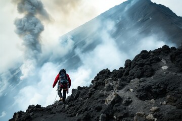 climber ascending volcano with smoke in background