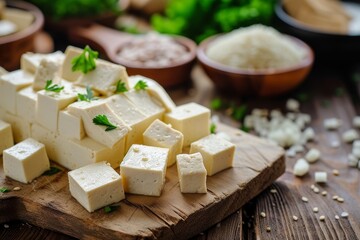 Focused on the tofu raw ingredients and rice are arranged on a wooden board Tofu is diced