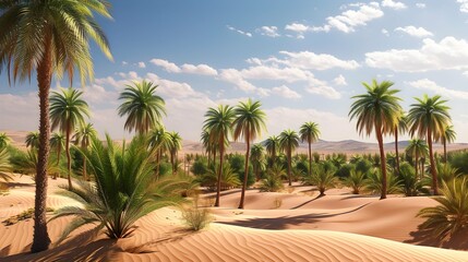 A desert oasis with palm trees and lush greenery, contrasting against the arid sand dunes, showcasing nature's resilience. 