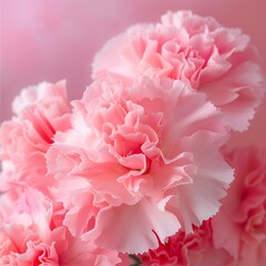 A cluster of pink carnation flowers, their ruffled petals and sweet fragrance adding a touch of femininity against a soft pink background. 