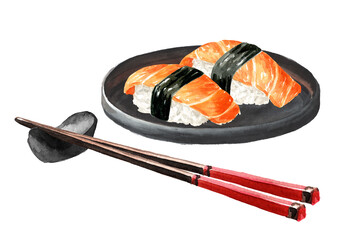 Nigiri Sushi with Salmon. Hand drawn watercolor illustration, isolated on white background