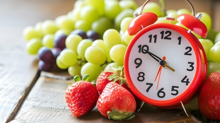 A clock with a healthy fruits, strawberry and grapes. healthy lifestyle and diet timing concept