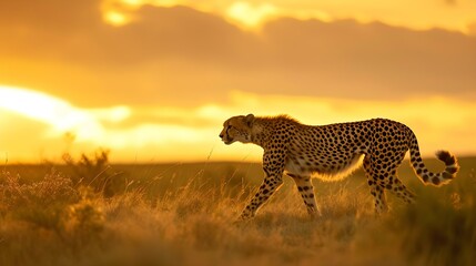 Obraz premium A cheetah is walking through the grass at sunset