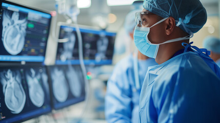 Cardiologist looking at heart xrays on computer monitors at the hospital. 