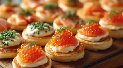 Russian tiny blini with cheese and caviar. Garnished with green dill and onions.