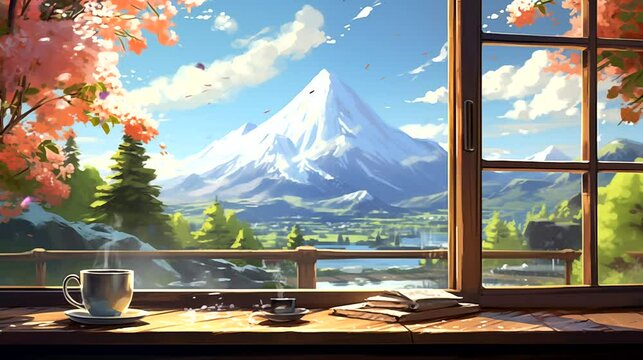 Mountain view from window, coffee in morning, vector illustration. Seamless looping time-lapse 4k video animation background