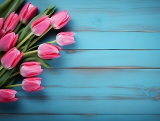 Tulips on wooden table with blue wooden background and copy text space