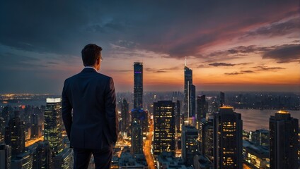 A businessman stands facing a vibrant cityscape at dusk, with city lights and an impressive skyline stretching before him.