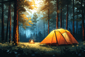 Camping tent close up concept of traveling and crossing the landscape and communicating in nature.