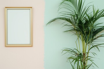 frame on a pastel wall beside a tall, leafy indoor plant