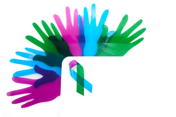 Rare Disease Day Background. Colorful hands and ribbon on white background - obrazy, fototapety, plakaty