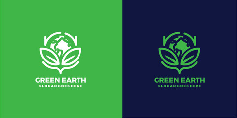 green earth logo design with tree leaf globe vector icon design template.