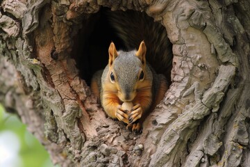squirrel emerging from a hole in a tree trunk with a nut