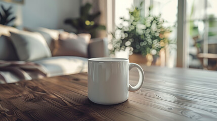 Minimalistic Home Coffee Setting.
Minimalistic coffee mug setup on a wooden home table.
