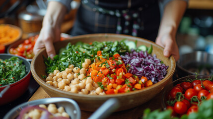 Large bowl of plant based ingredients, vegetables and proteins in form of beans. Vegetarian salad.