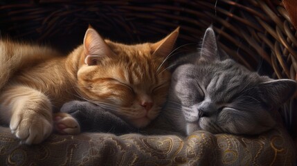 A pair of British cats napping peacefully in a cozy nook, their rhythmic purring harmonizing with the gentle hum of the afternoon.
