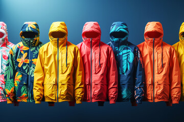Colourful Hoodies on Display.
Row of colourful hoodies displayed against a blue background.