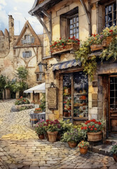 Fototapeta na wymiar Charming European Street with Colorful Flowers and Stone Buildings