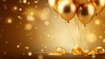 Gold balloons with ribbons on bokeh background