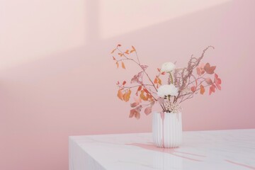 Floral arrangement in ceramic vase on marble table against pink background.