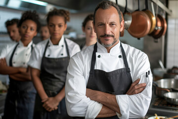 Smiling Chef with Culinary Team.
Smiling head chef in front of culinary team in kitchen.
