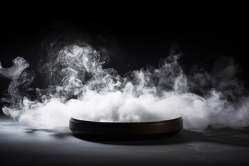 a round black plate with white smoke