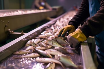 person sorting fish on a conveyor belt in hatchery