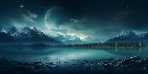 Mountains and a lake with a crescent of light in the sky AI Generative
