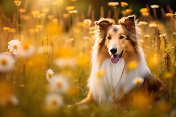 Collie dog sitting in meadow field surrounded by vibrant wildflowers and grass on sunny day ai generated