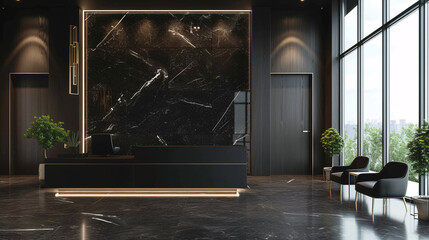 A large black marble reception table in a lobby - obrazy, fototapety, plakaty