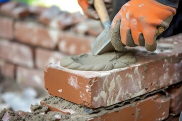 closeup of a bricklayer applying mortar on a brick course