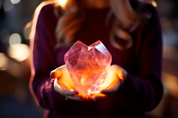 Female witch hands holding large pink Glow crystal in shape of heart. Witchcraft Wiccan or spiritual practice. Ritual for love and chakra balance.  AI Generative