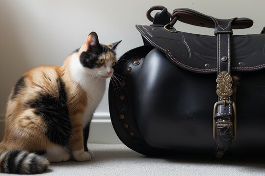 calico cat next to a black leather saddlebag