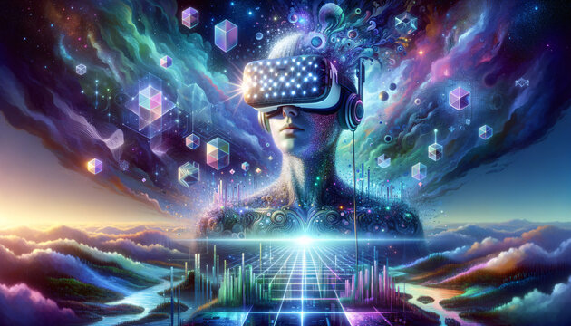 Ethereal androgynous avatar immersed in surreal VR landscape - Powered by Adobe