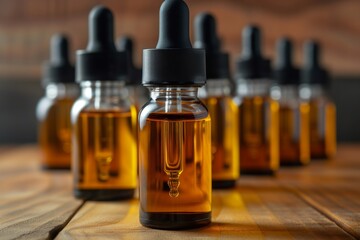 cbd oil bottles lined up with focus on front bottle