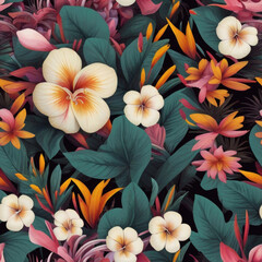 Tropical floral background. Seamless Pattern with exotic flowers and tropical plants.