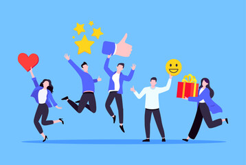 Employee feedback work satisfaction survey business concept flat vector illustration. Employee or customer feedback rating opinion with people and social icons - thumb, smile emoji, stars and heart.
