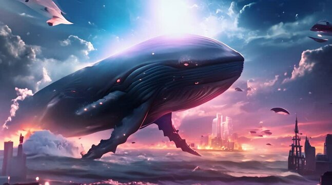whales flying against the night sky, with futuristic cities of the future