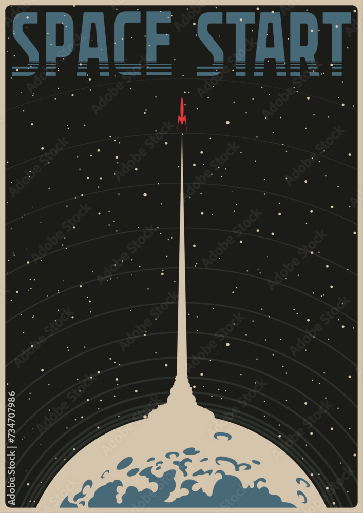 Wall mural space start! retro future space illustration. rocket launch, asteroid, deep space background