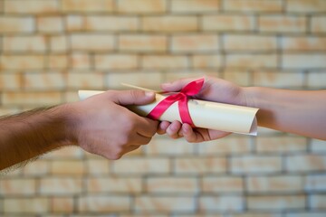 close shot of hands exchanging a certificate tube