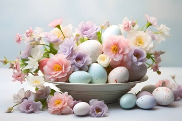 Obraz na płótnie Canvas A pastel Easter arrangement featuring a mix of spring flowers and colored eggs against a light pastel backdrop